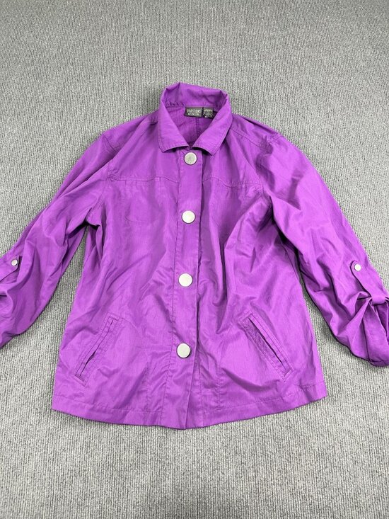 Additions By Chico's Jackets & Blazers - Additions By Chicos Womens Purple Button-Front Jacket Roll-Tab Sleeves Size 3
